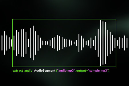 Audio sample graph extraction concept using automated AI coding . Soundwave framed by green bounding box isolated on dark backgroundの写真素材