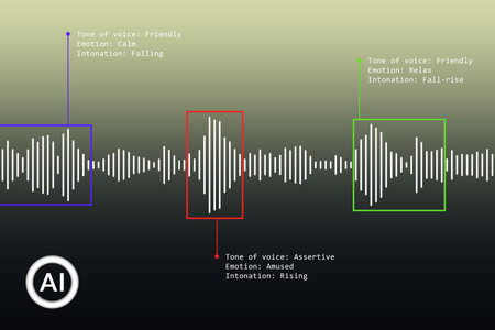 AI voice data labelling system for data annotation. Machine learning concept using soundwave dataset. Audio sample selection using automated filterの写真素材