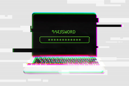 Inputting password on glitching laptop screen, symbol of data breach. Cybersecurity problem, leaked personal information. Hacked computer collage concept.の写真素材