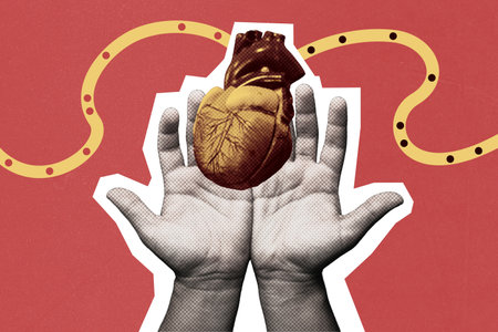 Hand giving heart transplant and organ donation concept. Blood flowing through arteries, retro pop...