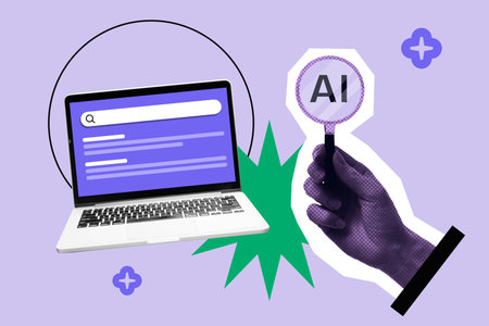 AI powered search engine interface concept, with magnifying glass and laptop showing search screen. Artificial intelligence surfing the internet for research and automation.の写真素材