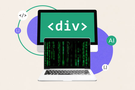 Coding screens with AI elements collage, blending digital development, web design, and machine learning. Frontend and backend programming. Computer processing data.の写真素材