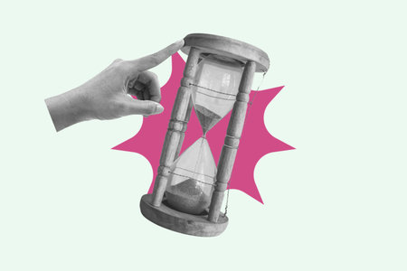 Hand pointing and pushing hourglass with sand falling, running out of time concept. Pop art...