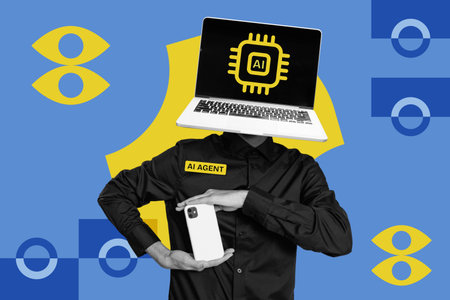 AI agent with a laptop head with AI chip icon, holding smartphone. Artificial intelligence collage concept, vibrant pop art style.の写真素材