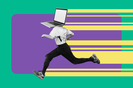 Running person with laptop head, fast computing concept. Internet connection and computer processor speed. Artificial intelligence working fast. Retro pop art and digital collage.の写真素材