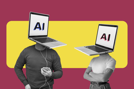 Two people with laptops as heads representing artificial intelligence communicate with each other. AI communication and discussion. Futuristic machine learning concept.の写真素材
