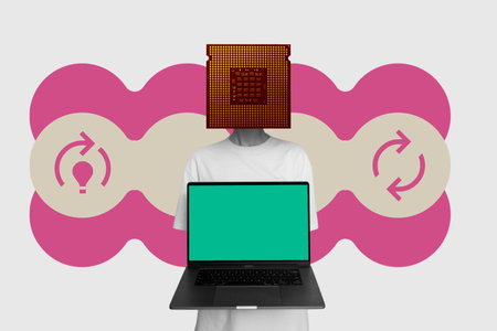 Person with microchip head holding laptop with green screen. AI-generated content symbol, computer screen mockup.の写真素材