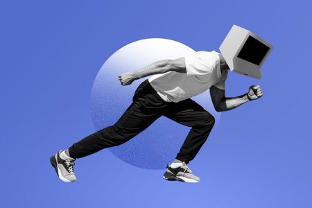 Man in running pose with vintage computer monitor as head, black and white image isolated on purple background. Run start pose for marketing advertisementの写真素材