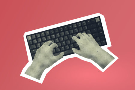 hands typing on keyboard over red background. Working in office retro collage concept. Pop art sticker with white border.の写真素材