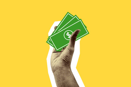Hand collage holding dollar paper money isolated on yellow background. Using cash to buy concept. Halftone effect in pop art style illustration.の写真素材