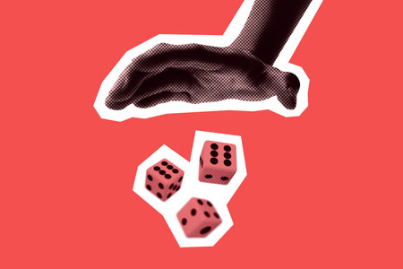 Collage of hand throwing dice down isolated on red background. Retro pop art style illustration with halftone effect and white border.の写真素材