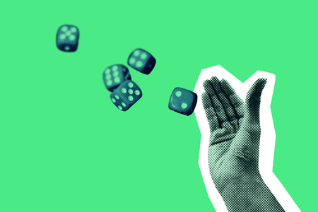 Hand throwing dice in the air collage concept. Gambling addiction, game of chance and probability. Pop art style illustration isolated on green background.の写真素材