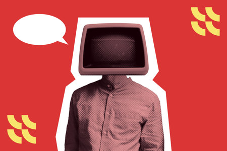 Retro artificial intelligence concept, person with vintage monitor head symbol of AI with speech bubble symbol. Modern digital collage with pop art style isolated on red backgroundの写真素材