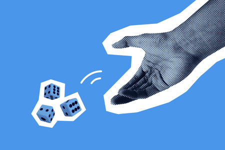 Hand rolling the dice, throwing it down. Gambling addiction concept, game of chance and probability. Pop art style illustration isolated on blue background.の写真素材