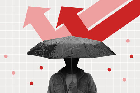 Surviving bear market concept. Mysterious person deflecting red arrow using umbrella, symbol of falling stock price. Finance and economy collage illustration.の写真素材