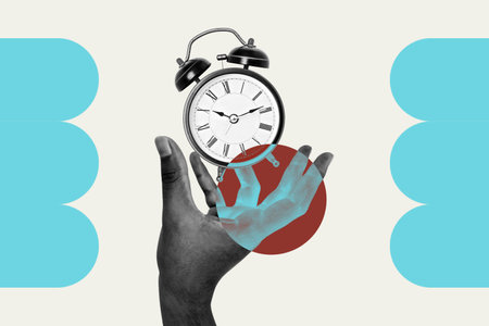 Hand reaching out for clock, time management concept in black and white pop art style. Digital collage illustration.の写真素材