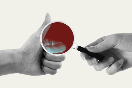 Hand scanning thumbs up gesture using magnifying glass with x-ray vision. Detecting lies and fake person. identifying human from robot. CAPTCHA test concept in real life.の写真素材