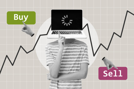 AI agent thinking about buying or selling stock. Artificial intelligence decision making process in finance technology. Automated trading bot conceptの写真素材