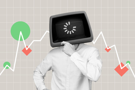 AI analyzing market trend visualized by person with retro monitor head and loading icon on screen. Stock price line chart movement analyzed with geometric symbolの写真素材