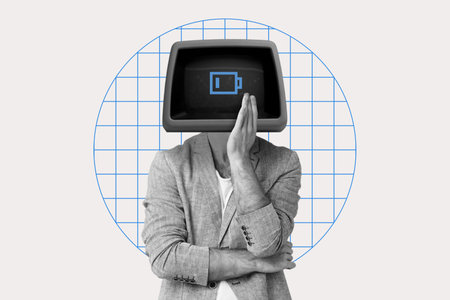 Surreal collage of person with retro monitor head displaying a low battery icon. Low social energy person, feeling tired, mental burnout concept.の写真素材