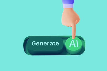 3D illustration of hand pressing green AI generate button isolated on green background. Automation interface concept using artificial intelligence.の写真素材