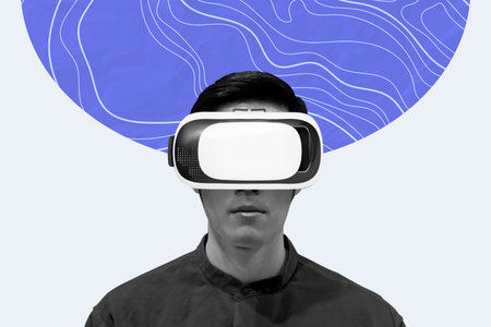 Man wearing VR headset, watching simulation close up. Immersive gaming experience, imagination made real. Technology collage concept.の写真素材