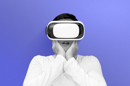 black and white person wearing VR headset isolated on purple background. Futuristic virtual reality...