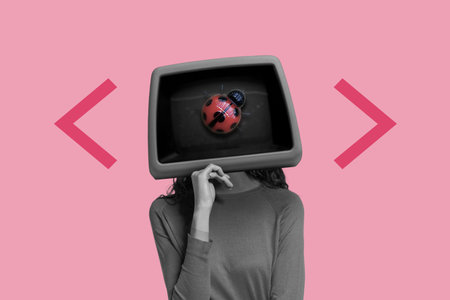 Person with CRT monitor head showing ladybug, pink background, debugging metaphor. Coding problem solving.の写真素材