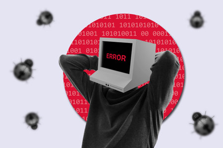 Person with monitor head displaying error, surrounded by bugs and binary code, system crash concept.の写真素材