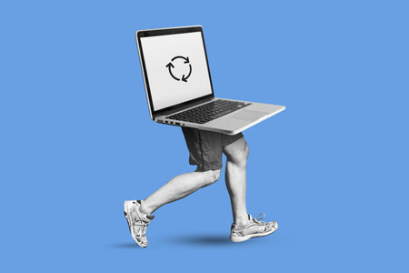 Running laptop with human legs in sneakers, blue background, fast update or processing metaphor. Abstract collage illustrationの写真素材