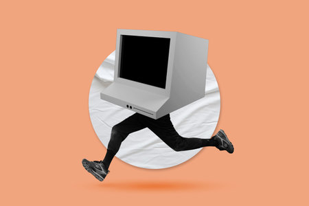 Old desktop monitor with human legs running. Black and white digital collage. Concept of fast processing, digital urgency, tech speed, modern demands.の写真素材