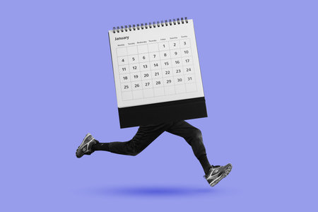 January calendar with human legs running. Black and white digital collage about deadline. Concept of time pressure, fast schedule, rush against time.の写真素材