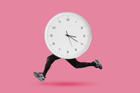 Clock with legs running. Running out of time concept. Black and white collage, isolated on pink background.の写真素材