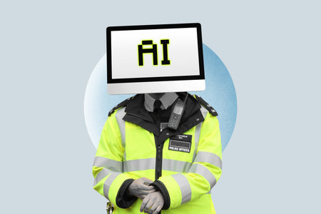 Police artificial intelligence wearing high visibility patrol jacket, isolated digital collage. Cop with computer monitor for head with AI text.の写真素材