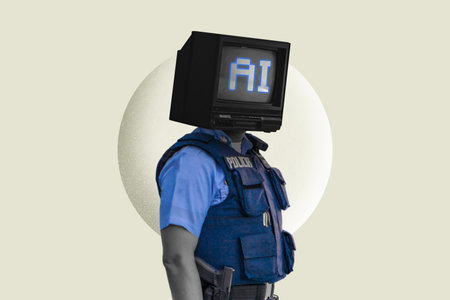 Police artificial intelligence technology wearing blue vest outfit isolated digital collage. Cop with vintage tv for head with AI text.の写真素材
