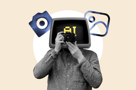 Artificial intelligence photograph prompt concept, person with old monitor head holding camera, icons symbolizing camera and AI image creation.の写真素材