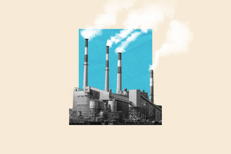 Nuclear power plant with smokestacks emitting white smoke into blue sky. Industrial pollution concept, isolated on beige background. Artistic black and white digital collageの写真素材