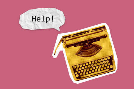 Retro typewriter shouting âHelpâ in speech bubble, concept of creative struggle, writing block, vintage distress communication.の写真素材