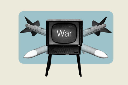 Old television showing âWarâ with missile background, vintage propaganda style, concept of media warfare, broadcast influence.の写真素材