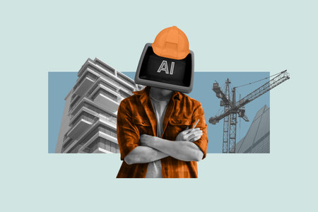 AI-headed construction worker in helmet with crossed arms amid futuristic buildings and cranes. Abstract technology for architecture collageの写真素材