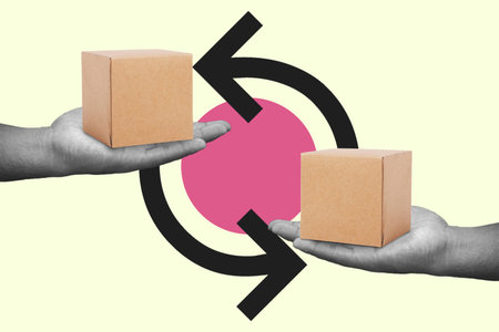 Flat collage concept of hands exchanging cardboard boxes with arrows, symbolizing trade, shipping, and logistics.の写真素材