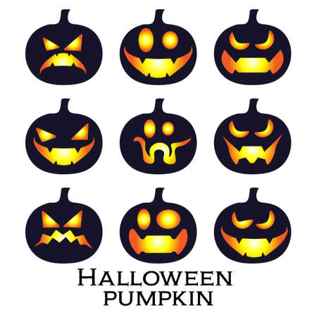 Scary and funny faces of Halloween pumpkin or ghost set on white background . Vector collection.のイラスト素材