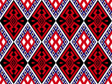 Ethnic pattern with diamond rectangle style. Geometric ethnic pattern seamless as traditional pattern. Rectangle with triangle in black, red, white and blue color. Design for fabric, background.のイラスト素材