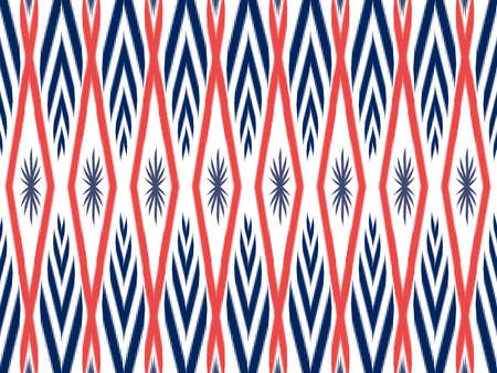 Ikat pattern as ethnic fabric in diamond and rectangle shape.  Wallpaper seamless pattern design in white, navy blue and orange color. Design for fabric, background, wallpaper, vector, carpet.の写真素材