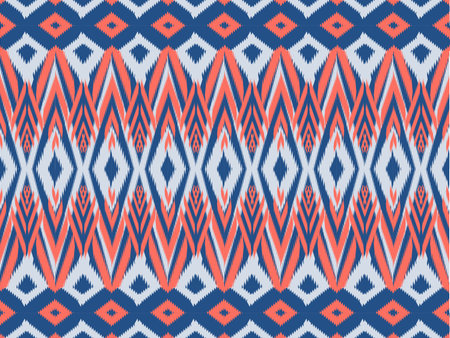 Ikat pattern as ethnic fabric in diamond and rectangle design. Wallpaper seamless pattern design in blue and rose color. Design for fabric, background, wallpaper, vector, carpet, traditional fabric.の写真素材
