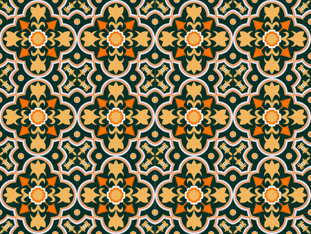 Moorish seamless pattern. Arabesque vector ornament. Ancient floor ceramic tiles. Flooring tiling seamless in green background. Floor cement ceramic tiles collection.の写真素材