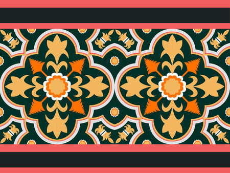 Moorish seamless pattern. Arabesque vector ornament. Ancient floor ceramic tiles. Design seamless in green background with dark green line bar.の写真素材