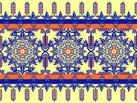 Moorish seamless pattern. Arabesque vector ornament. Ancient floor ceramic tiles. Design seamless in cream background with blue and orange color.の写真素材