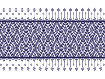 Ethnic pattern in navy blue tone with line bar and hanging flower. Style of textile and tribe pattern. Aztec pattern of geometric blue tone. Native geometric with triangle and rectangle style.の写真素材