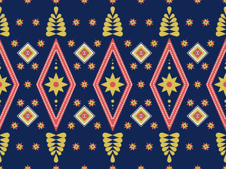 Geometric seamless Ethnic traditional pattern in swithing rectangle style and crossing stripe line. Rectangle triangle in blue yellow white orange. Design fabric background wallpaper vector carpet.の写真素材